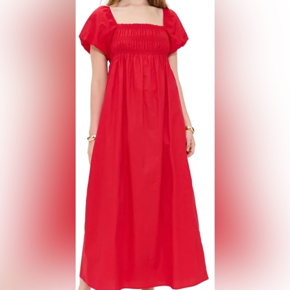 Kourt Dresses & Skirts - Kourt Red Smocked Linen Blend Maxi Dress Puff Sleeve M